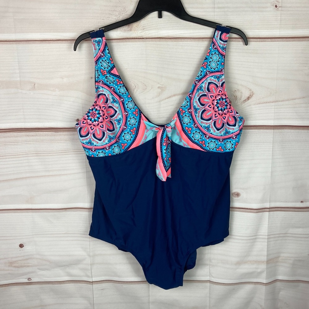 Bleu Ice Swimsuit Womens 26 Blue Printed One-Piece Modest Tie Neck Padded Cups